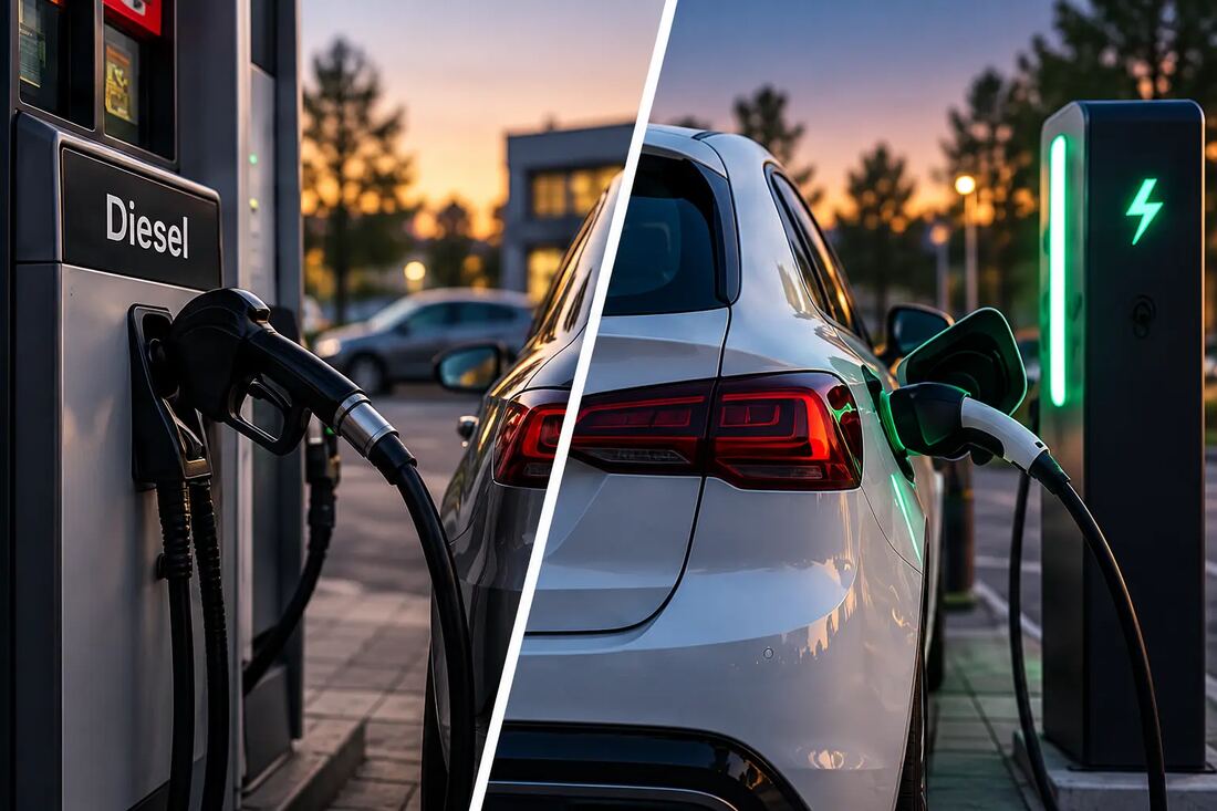 Visuell jämförelse mellan tankning av en dieselbil och laddning av en elbil